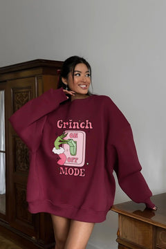 Kadın Oversize Sweatshirt Elbise Grinch Mode Baskılı Bordo – Bisiklet Yaka, 3 İplik Şardonlu Polar