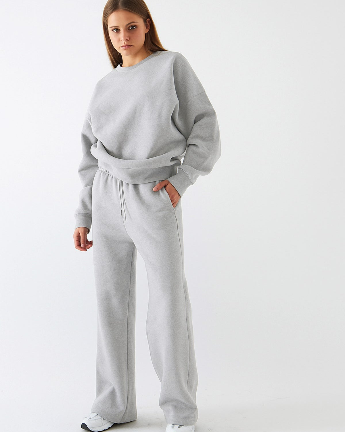 Unisex Oversize Eşofman Takımı Basic Gri Melanj – Bisiklet Yaka, Bol Paça, 3 İplik Şardonlu Polar