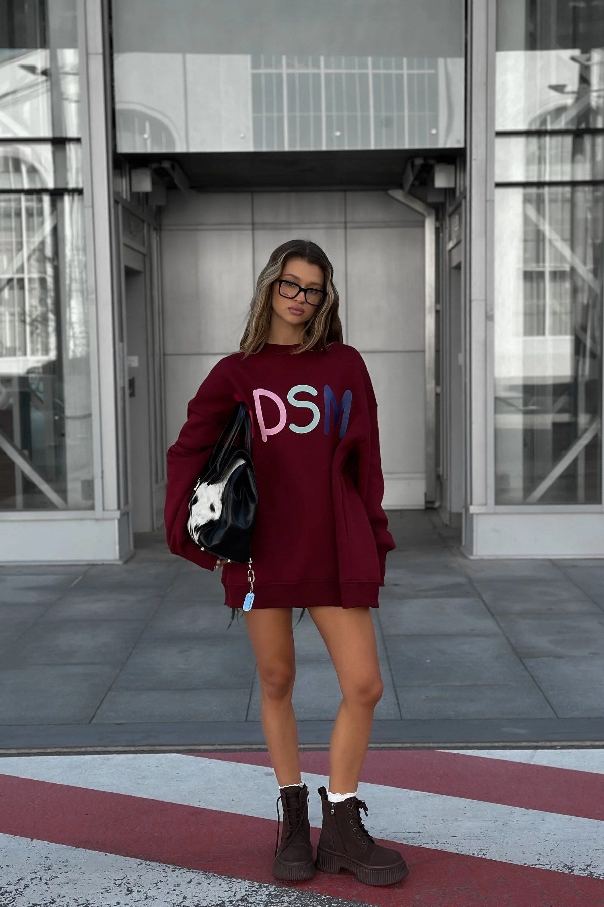 Kadın Oversize Sweatshirt Elbise Color Pop Baskılı Bordo – Bisiklet Yaka, 3 İplik Şardonlu Polar