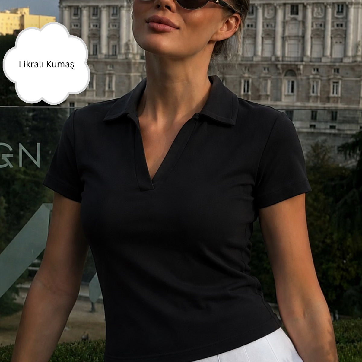 Kadın Luna Polo Yaka Basic Tişört Siyah – %100 Pamuk, Kısa Kollu, Likralı Rahat Kalıp Şık Bluz