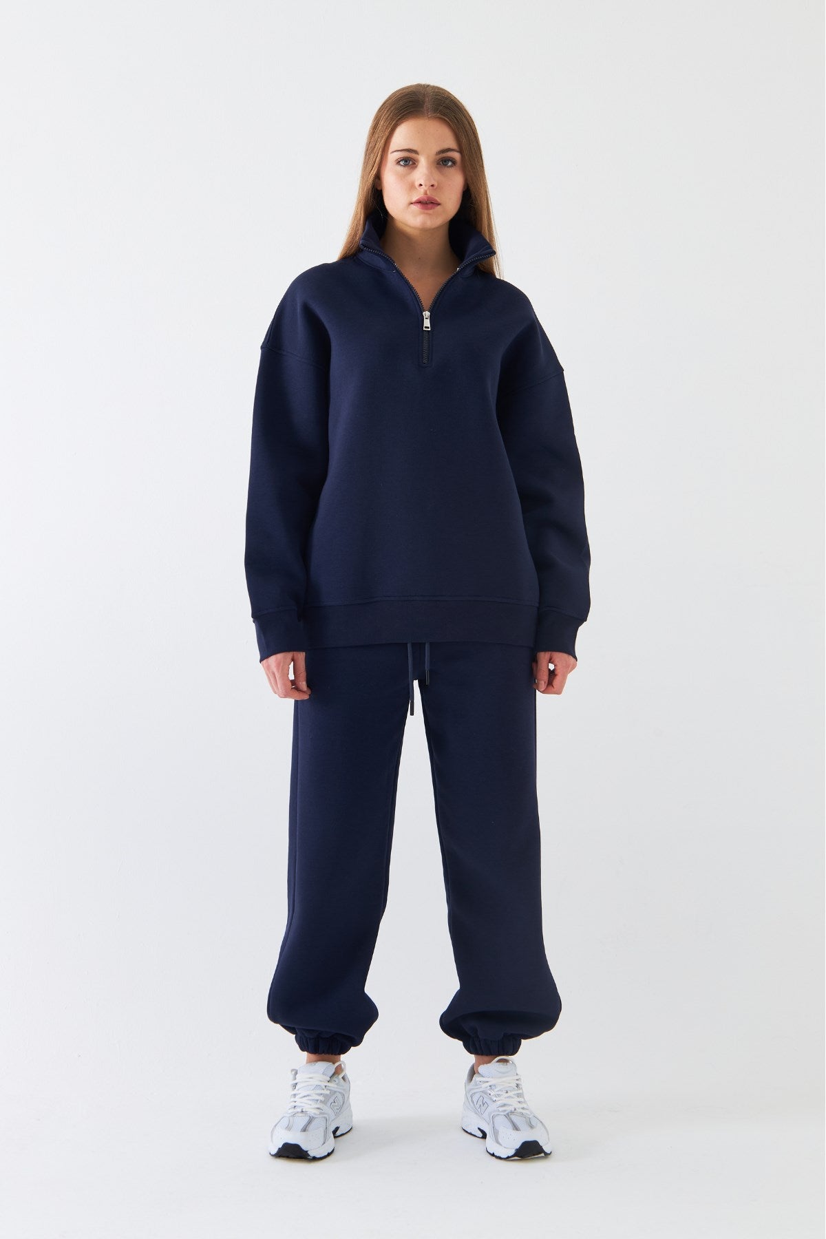 Unisex Oversize Eşofman Takımı Basic Lacivert – Fermuarlı Dik Yaka, Lastikli Paça, 3 İplik Şardonlu Polar