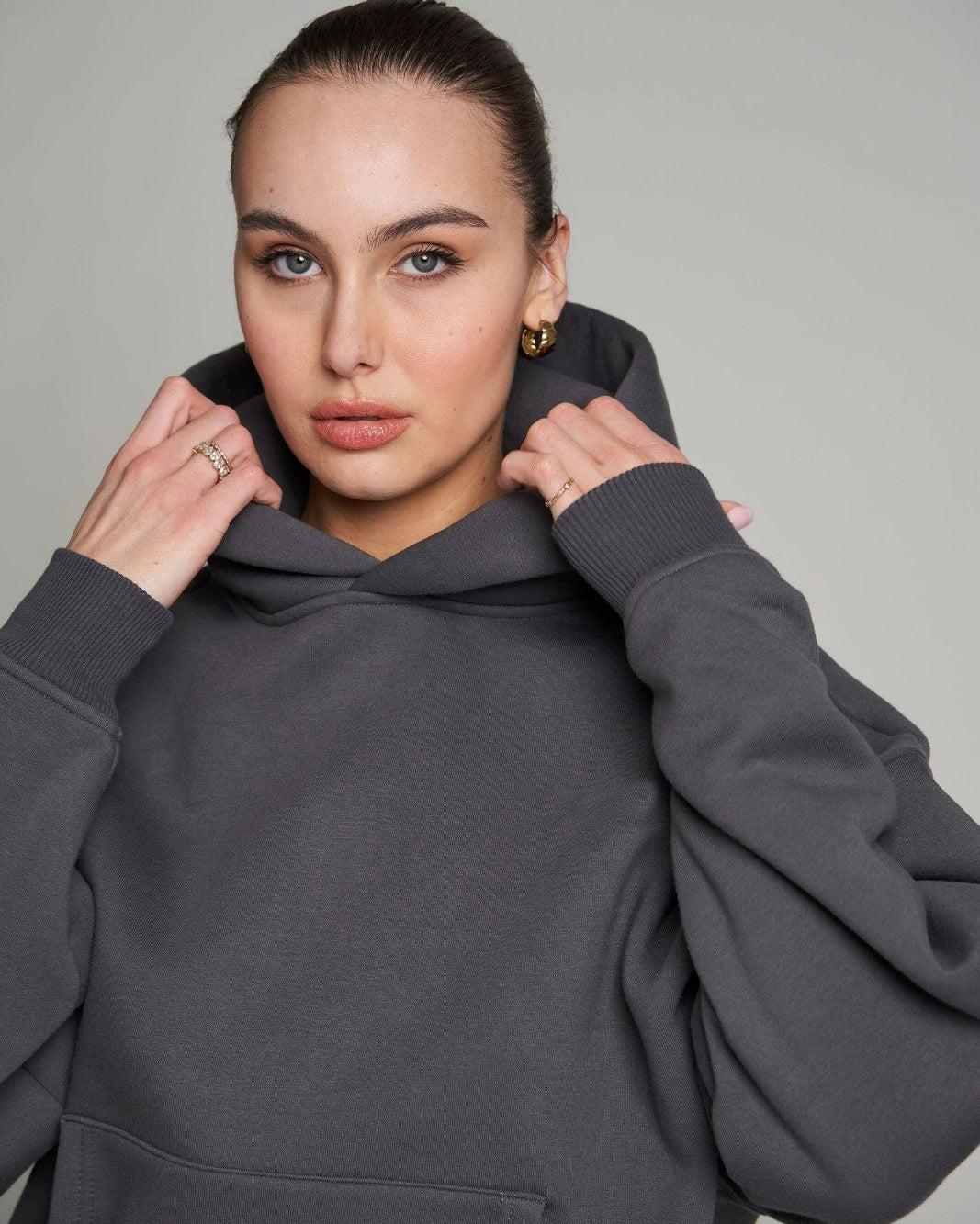 Kapüşonlu İçi Polar Füme Unisex Oversize Hoodie Sweatshirt