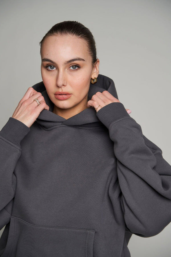 Kapüşonlu İçi Polar Füme Unisex Oversize Hoodie Sweatshirt