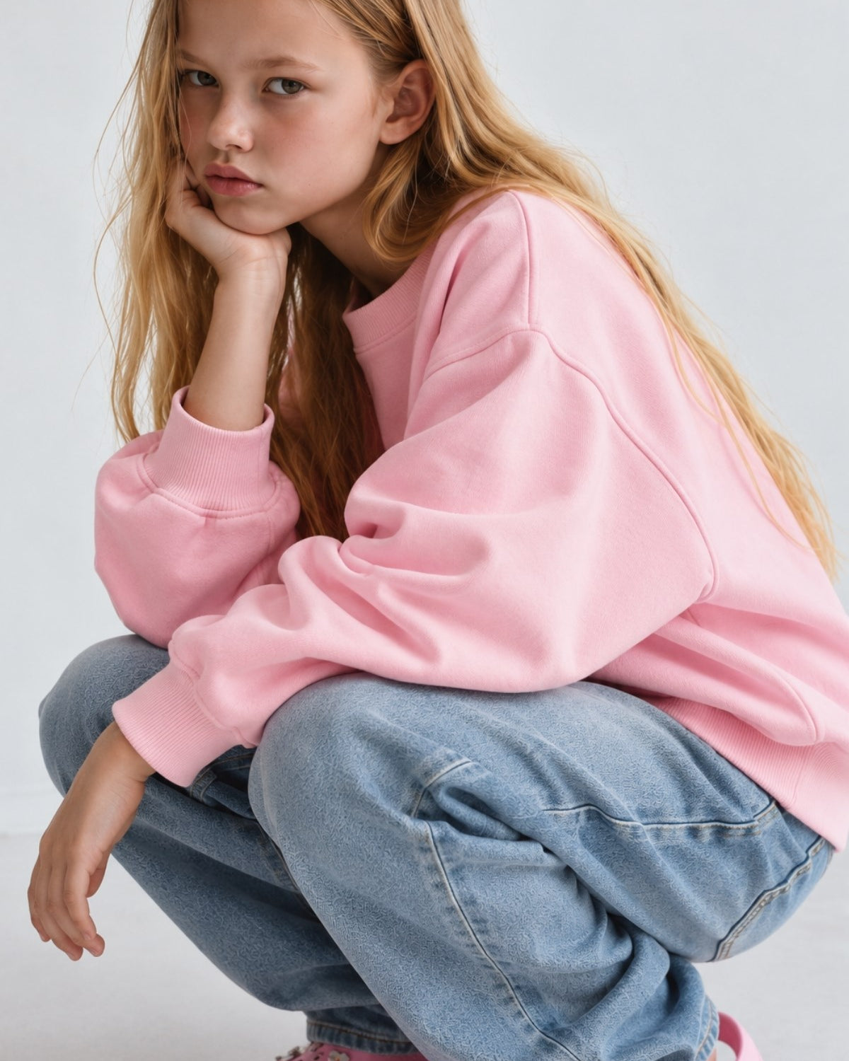 Kız Çocuk Oversize Sweatshirt Basic Pembe – Bisiklet yaka, 3 iplik şardonlu polar