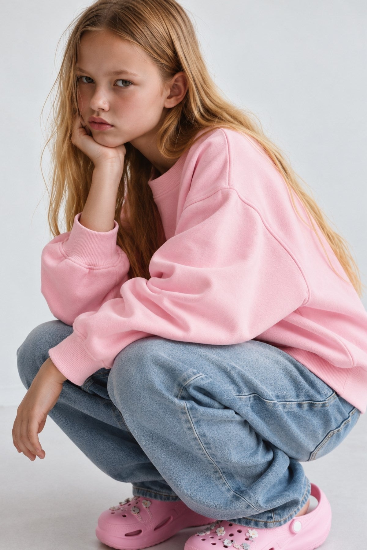 Kız Çocuk Oversize Sweatshirt Basic Pembe – Bisiklet yaka, 3 iplik şardonlu polar