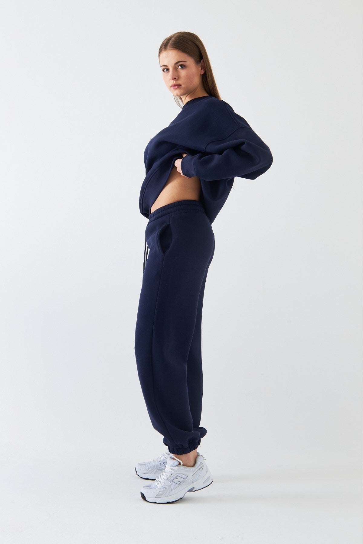 Unisex Oversize Sweatshirt Basic Lacivert – Bisiklet Yaka, 3 İplik Şardonlu Polar