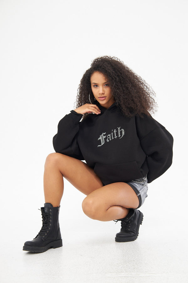 Faith Yazılı Taş Baskılı Kapüşonlu İçi Polar Oversize Siyah Sweatshirt