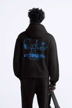 Erkek Kapüşonlu İçi Polar Peanuts Yazılı Snoopy Desen Baskılı Siyah Oversize Hoodie Sweatshirt