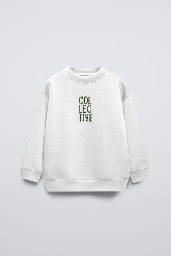 Beyaz Bisiklet Yaka Collective Yazılı Arka Fly Kn It Yazılı Oversize Çocuk Sweatshirt