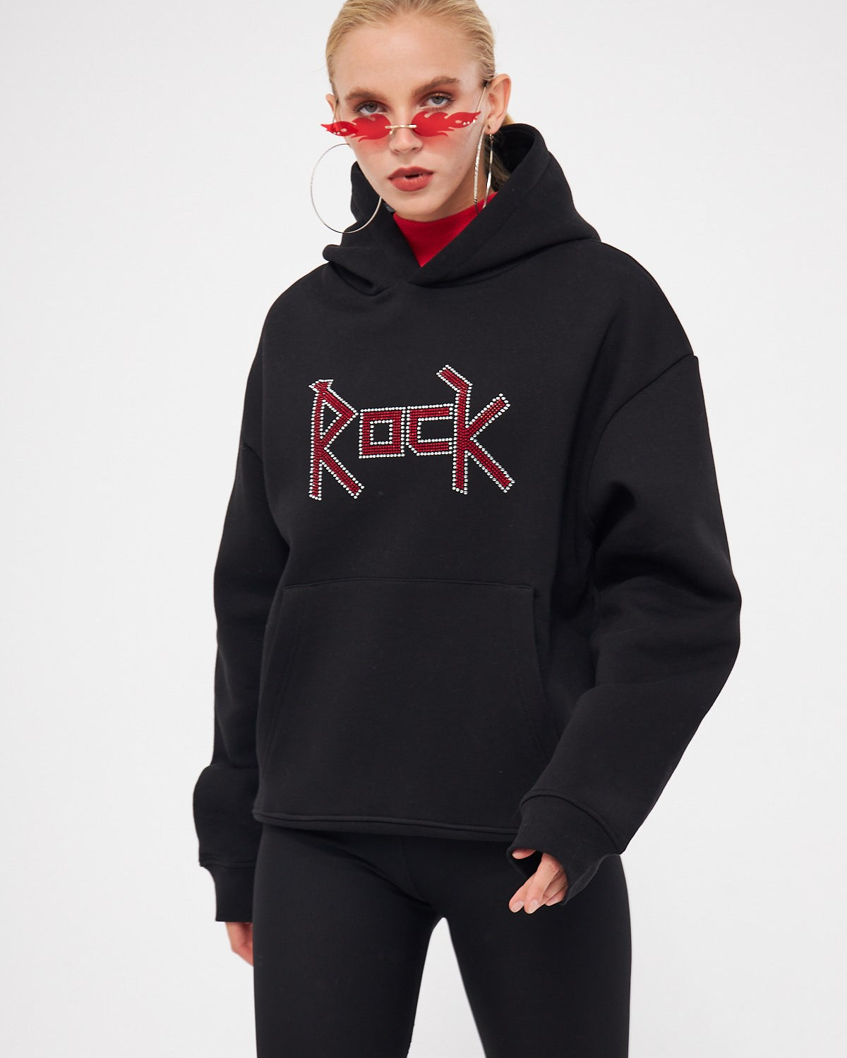 Kapüşonlu İçi Polar Rock Yazılı Taş Baskılı Siyah Oversize Hoodie Sweatshirt