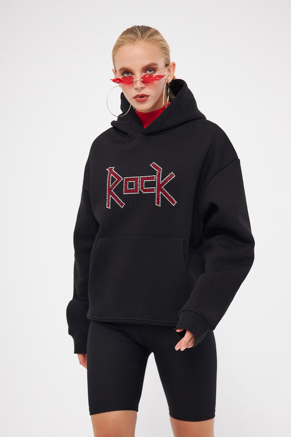 Kapüşonlu İçi Polar Rock Yazılı Taş Baskılı Siyah Oversize Hoodie Sweatshirt