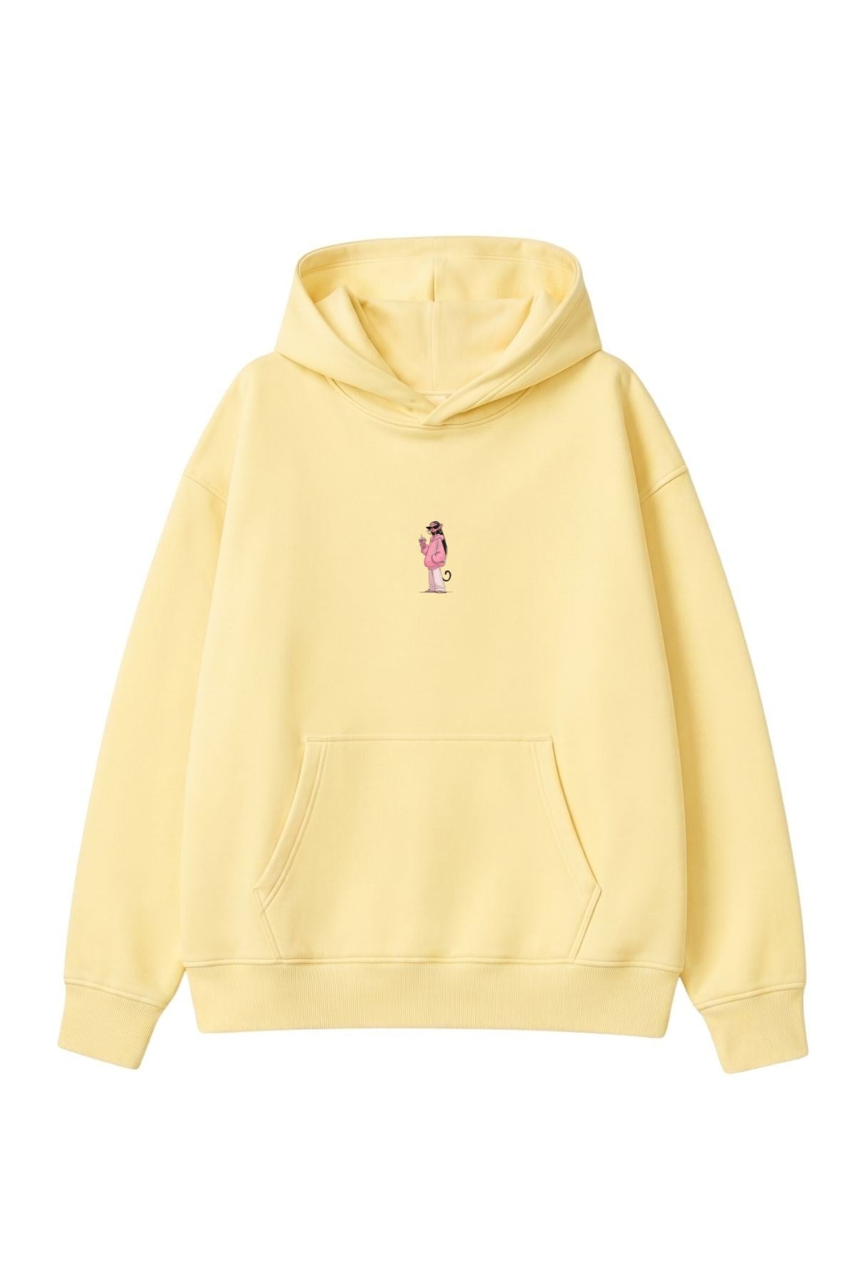 Kadın Oversize Hoodie Pink Kitty Club Baskılı Sarı - Kapüşonlu, Cepli, 3 İplik Polar