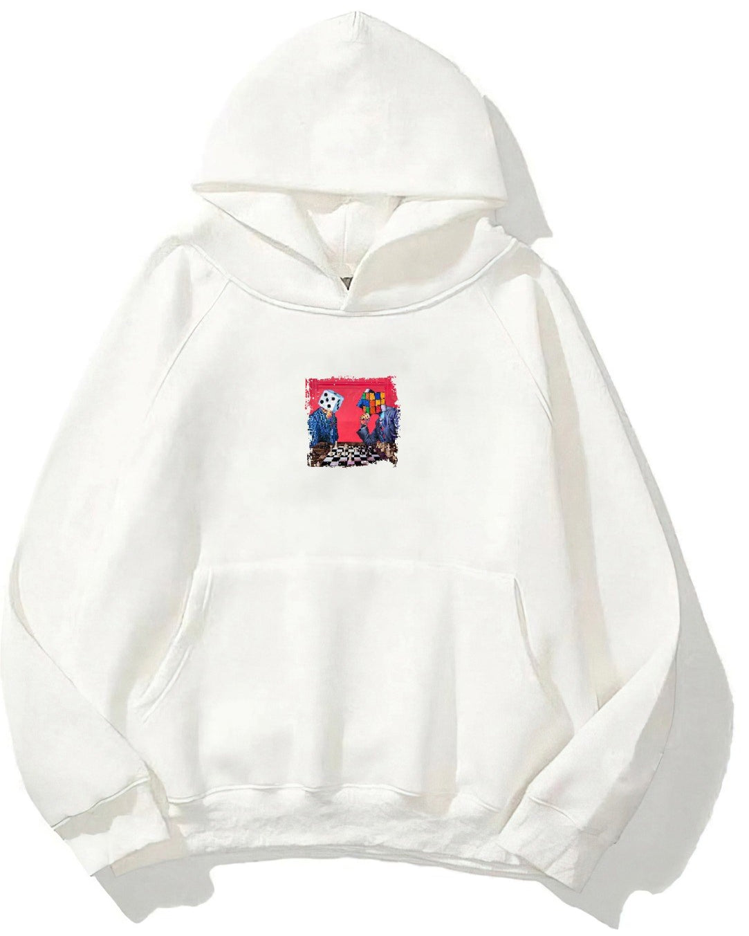 Kapüşonlu İçi Polar Satranç Baskılı Beyaz Unisex Oversize Hoodie Sweatshirt