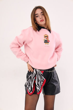 Pembe Bisiklet Yaka Puantiyeli Ayıcık Baskılı Oversize Unisex Sweatshirt