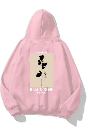 Kapüşonlu İçi Polar Black Rose Baskılı Pembe Unisex Hoodie Sweatshirt