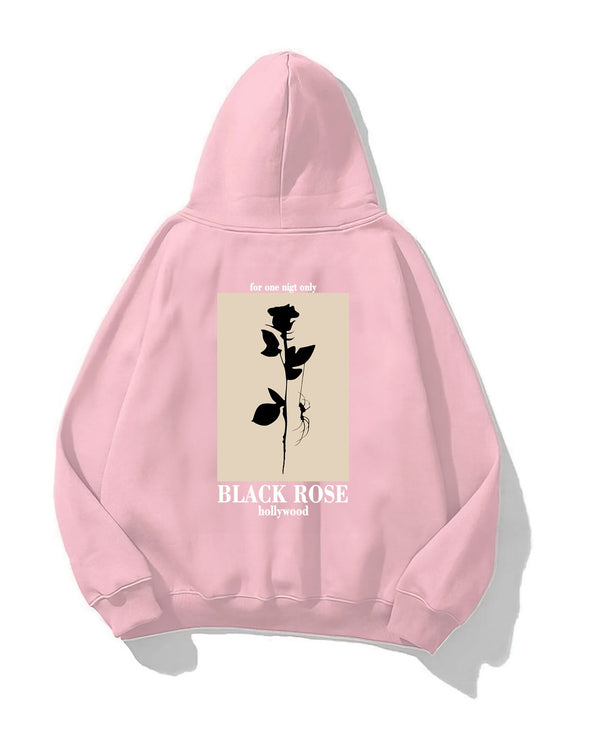 Kapüşonlu İçi Polar Black Rose Baskılı Pembe Unisex Hoodie Sweatshirt