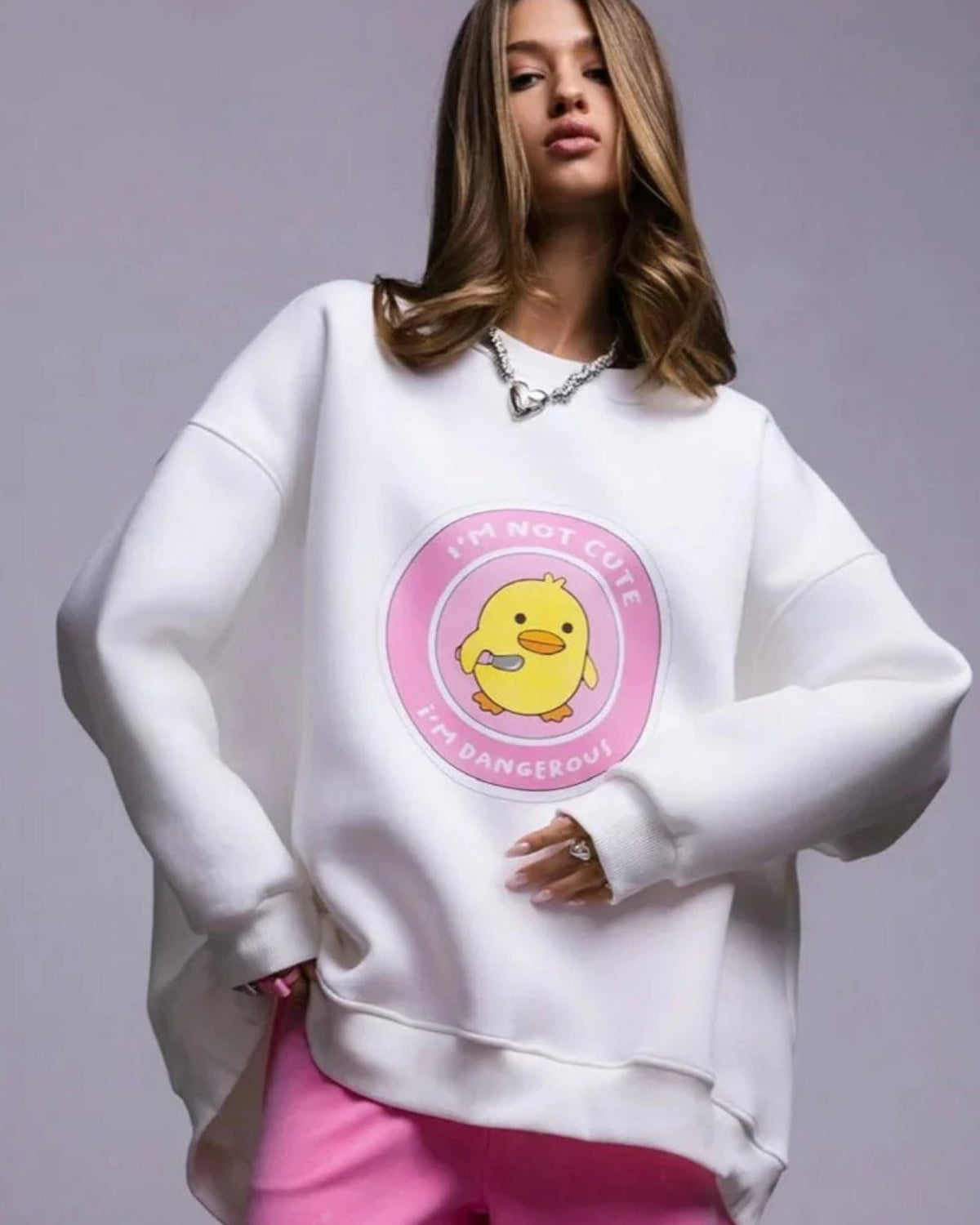 Kadın Oversize Sweatshirt Elbise Cute Ördek Baskılı Beyaz – Bisiklet Yaka, 3 İplik Şardonlu Polar