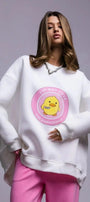 Kadın Oversize Sweatshirt Elbise Cute Ördek Baskılı Beyaz – Bisiklet Yaka, 3 İplik Şardonlu Polar