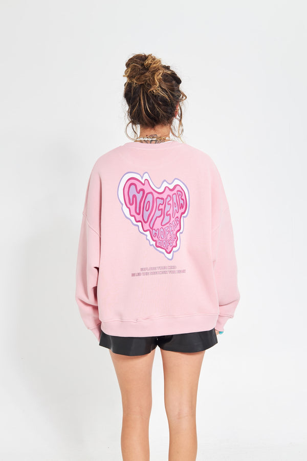 Pembe Bisiklet Yaka Kadın No Fear Ön ve Baskılı Oversize Sweatshirt