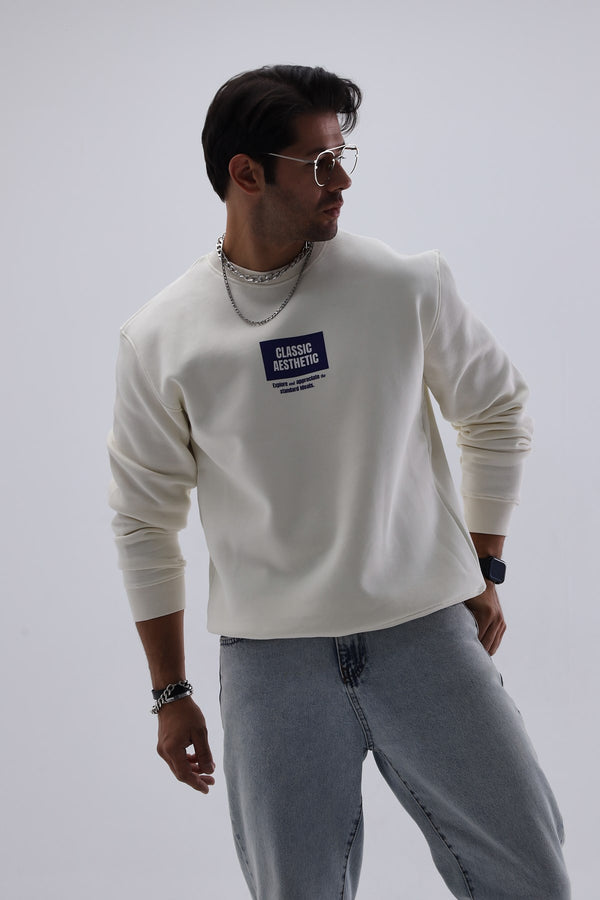 Bisiklet Yaka İçi Polar Classic Atlethic Yazı Baskılı Beyaz Oversize Sweatshirt