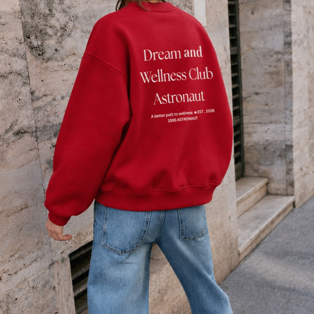 Kadın Oversize Sweatshirt Wellness Baskılı Kırmızı – Bisiklet Yaka, 3 İplik Şardonlu Polar