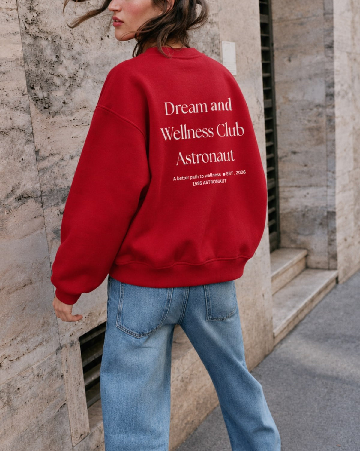 Kadın Oversize Sweatshirt Wellness Baskılı Kırmızı – Bisiklet Yaka, 3 İplik Şardonlu Polar