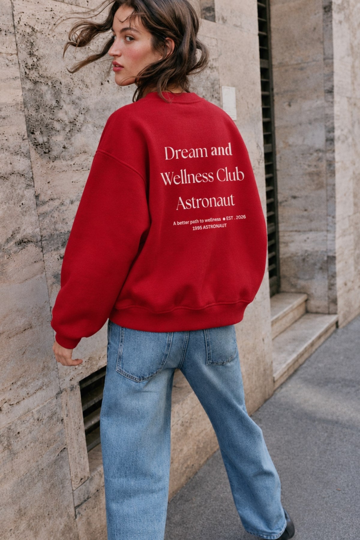 Kadın Oversize Sweatshirt Wellness Baskılı Kırmızı – Bisiklet Yaka, 3 İplik Şardonlu Polar