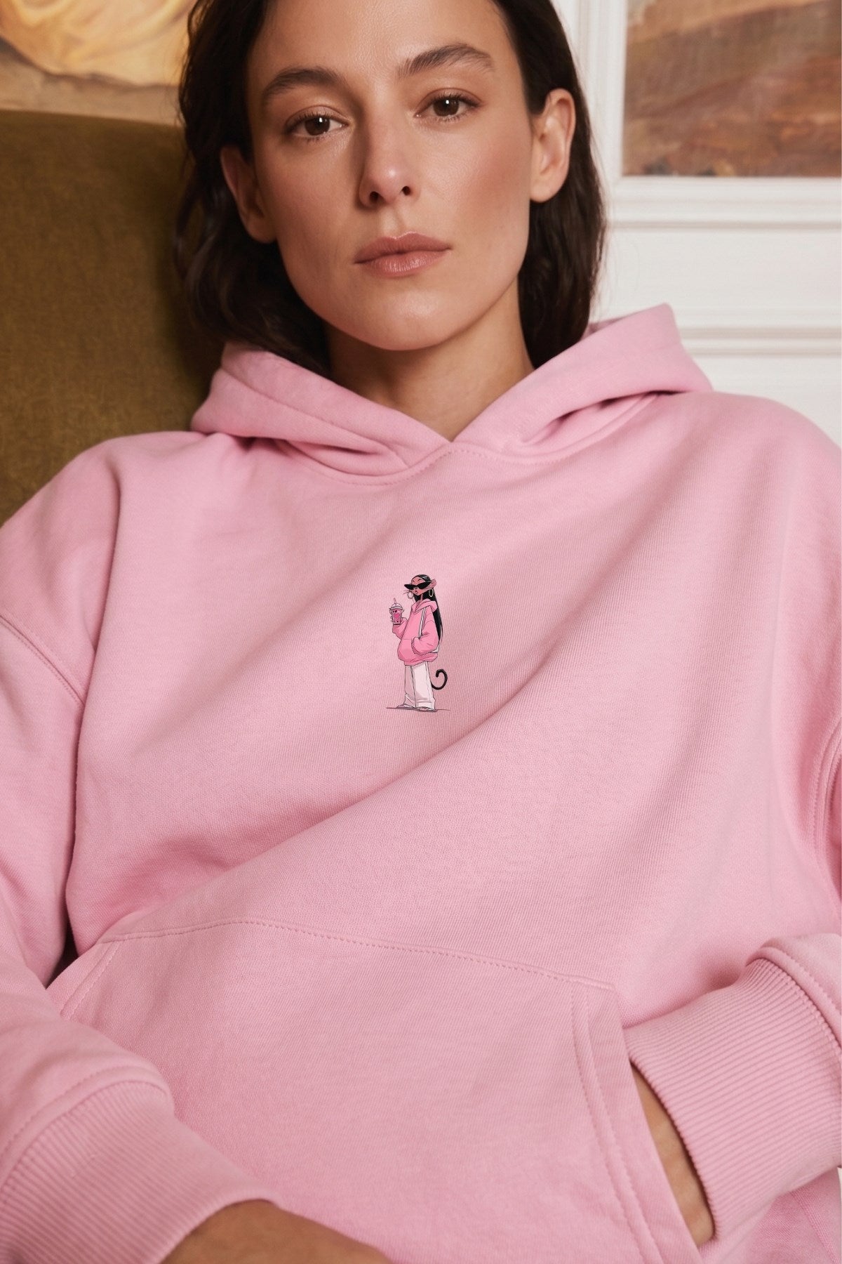 Kadın Oversize Hoodie Pink Kitty Club Baskılı Pembe - Kapüşonlu, Cepli, 3 İplik Polar