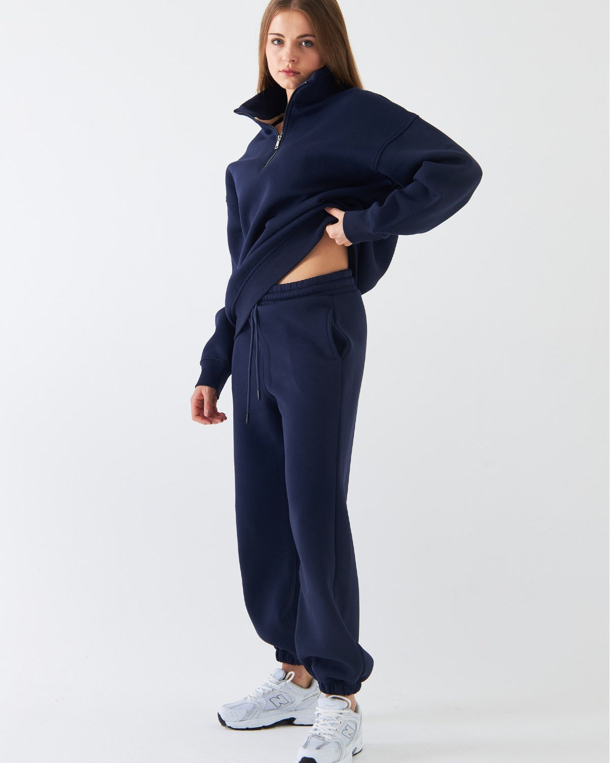 Unisex Oversize Sweatshirt Basic Lacivert – Yarım Fermuar Dik Yaka, 3 İplik Şardonlu Polar