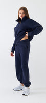 Unisex Oversize Sweatshirt Basic Lacivert – Yarım Fermuar Dik Yaka, 3 İplik Şardonlu Polar