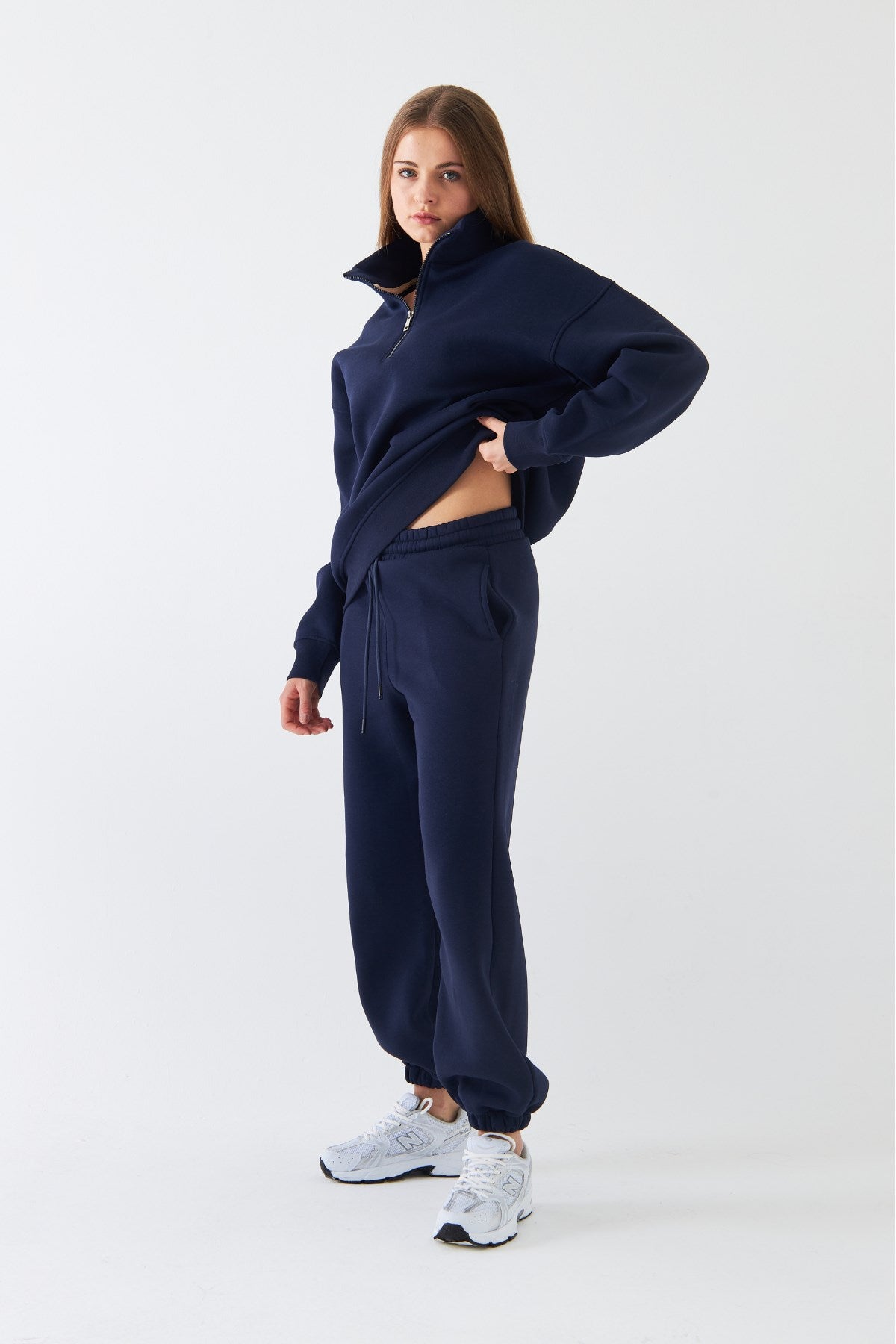 Unisex Oversize Sweatshirt Basic Lacivert – Yarım Fermuar Dik Yaka, 3 İplik Şardonlu Polar