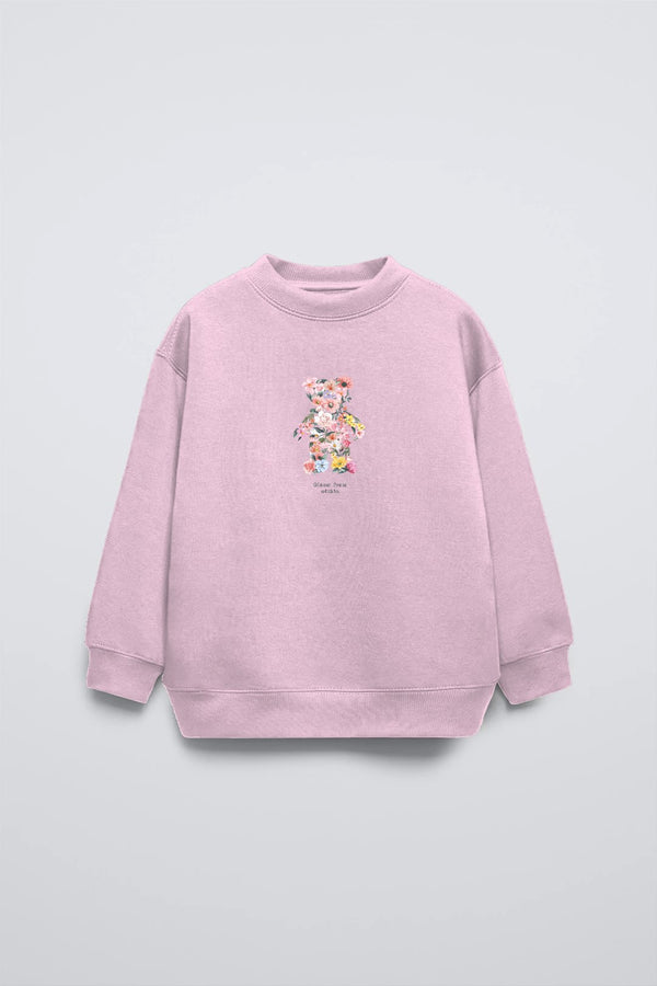 Pembe Çocuk Çiçekli Ayıcık Baskılı Bisiklet Yaka Oversize Sweatshirt