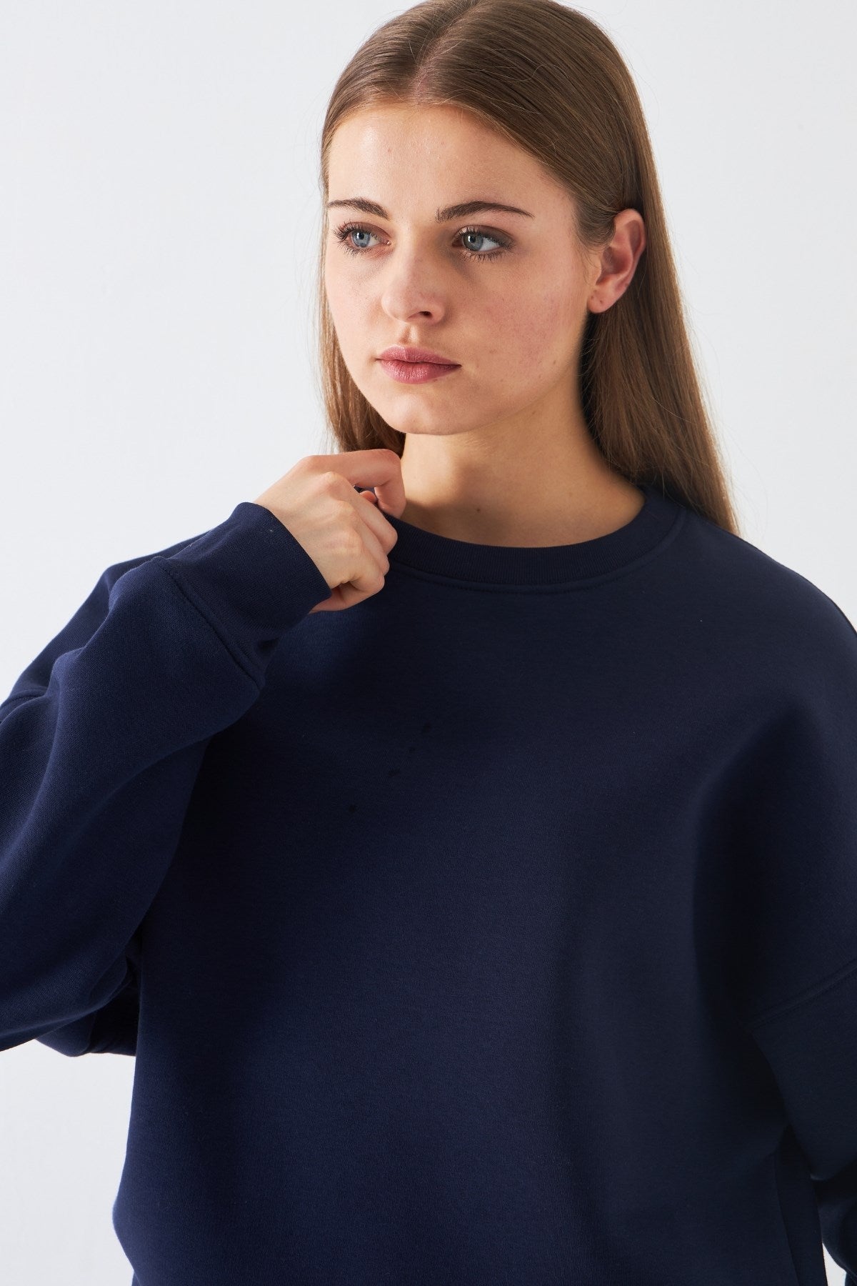 Unisex Oversize Sweatshirt Basic Lacivert – Bisiklet Yaka, 3 İplik Şardonlu Polar