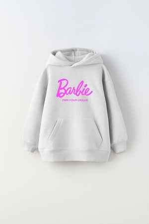 Kapüşonlu İçi Polar Barbie Own Your Unique Yazı Baskılı Beyaz Unisex Hoodie Çocuk Sweatshirt