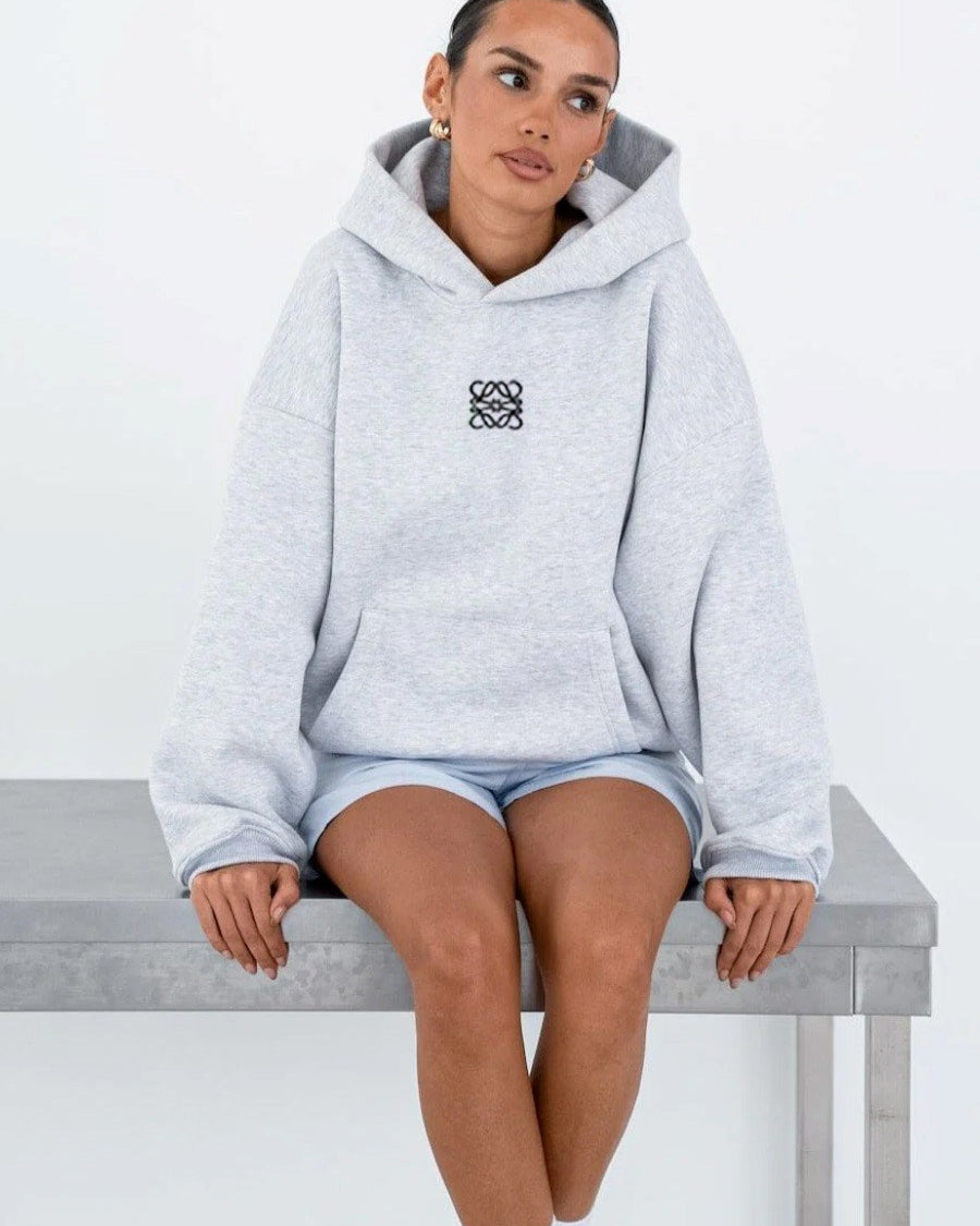 Gri Melanj Unisex Yüksek Baskılı Kapüşonlu Kanguru Cepli Oversize Hoodie