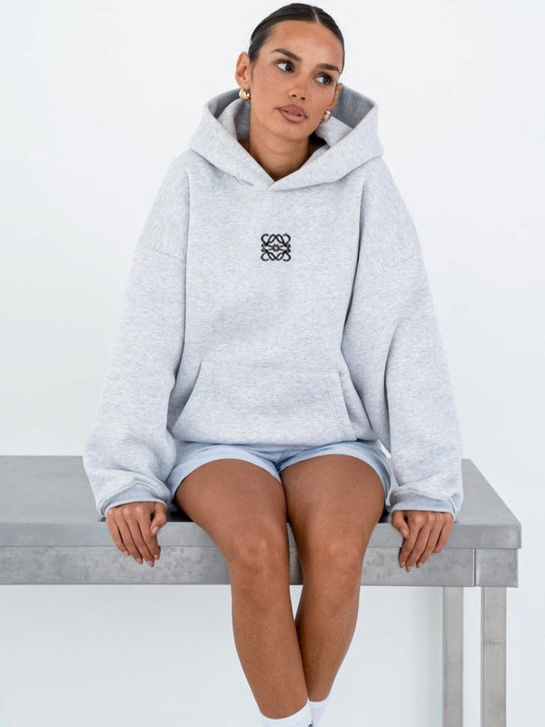 Gri Melanj Unisex Yüksek Baskılı Kapüşonlu Kanguru Cepli Oversize Hoodie