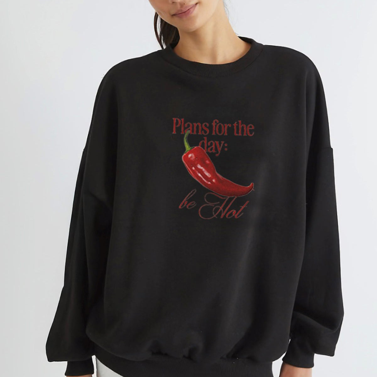 Kadın Oversize Sweatshirt Be Hot Baskılı Siyah – Bisiklet Yaka, 3 İplik Şardonlu Polar