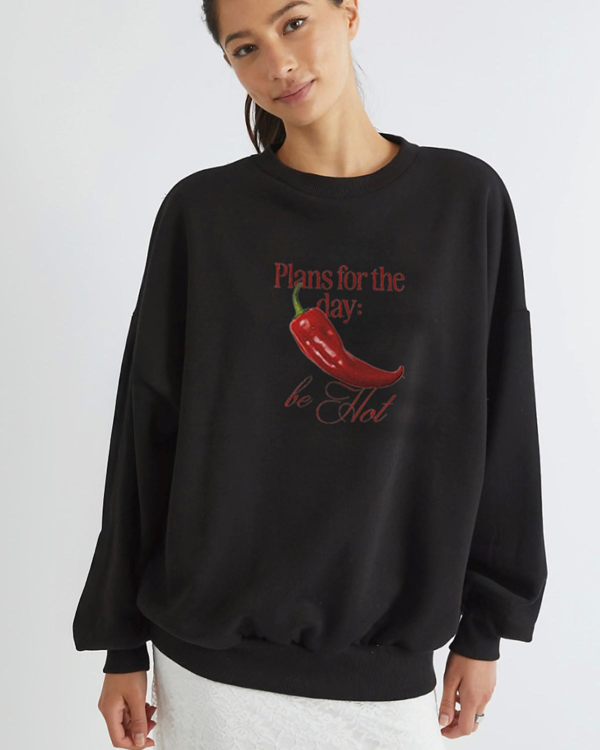 Kadın Oversize Sweatshirt Be Hot Baskılı Siyah – Bisiklet Yaka, 3 İplik Şardonlu Polar