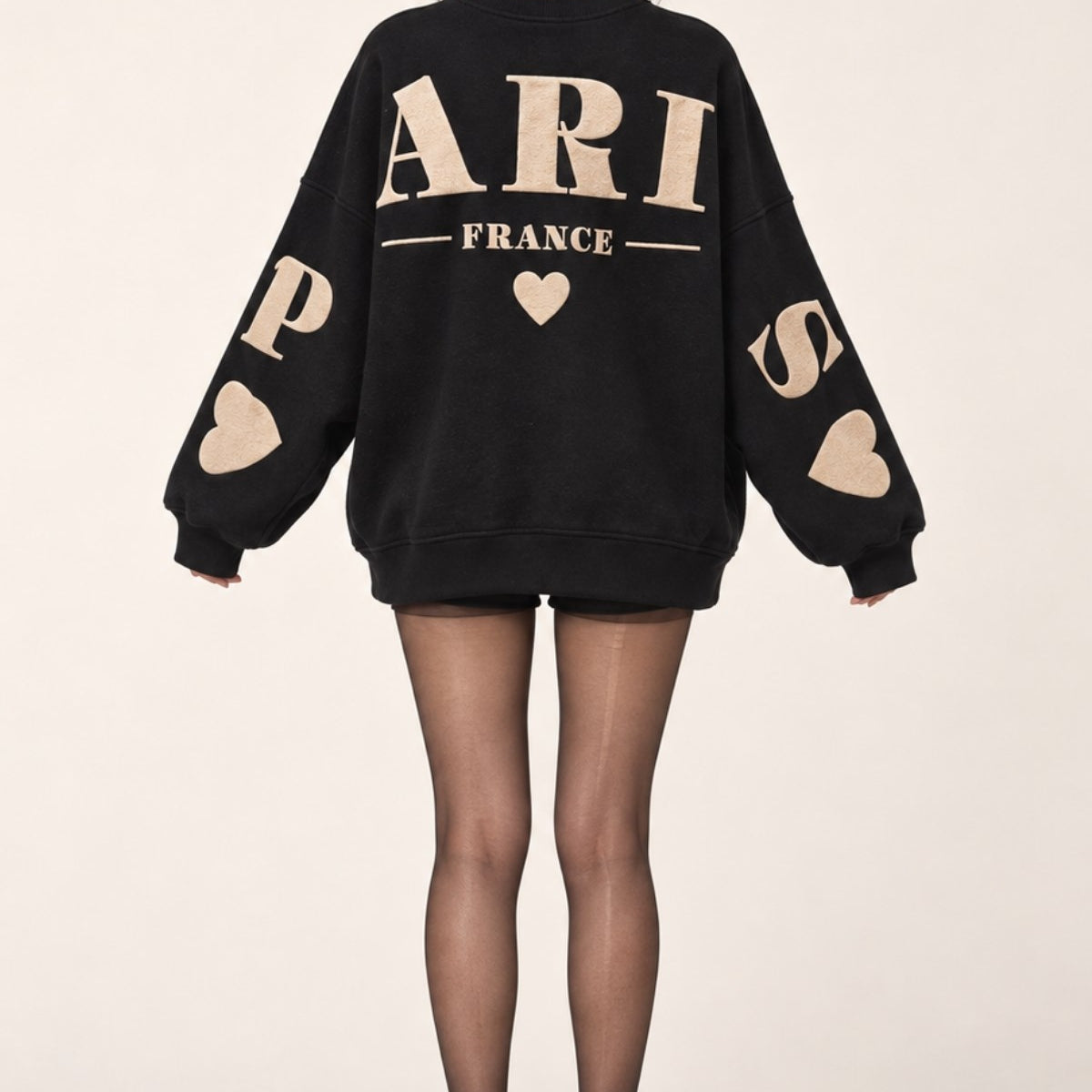 Kadın Oversize Sweatshirt Paris 3D Baskılı Siyah – Bisiklet Yaka, Kol ve Sırt Baskılı, 3 İplik