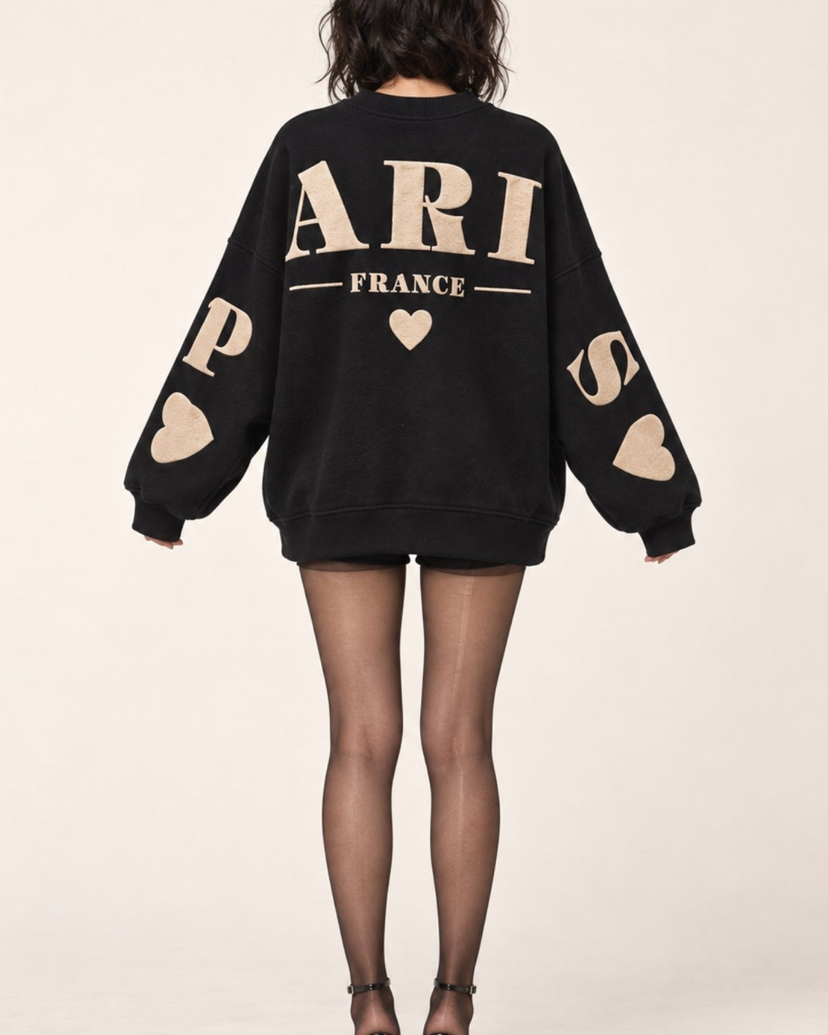 Kadın Oversize Sweatshirt Paris 3D Baskılı Siyah – Bisiklet Yaka, Kol ve Sırt Baskılı, 3 İplik