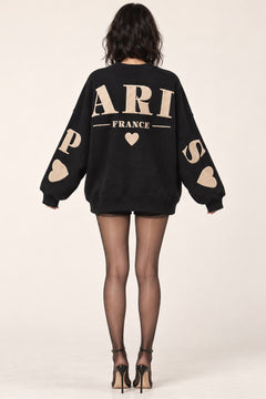 Kadın Oversize Sweatshirt Paris 3D Baskılı Siyah – Bisiklet Yaka, Kol ve Sırt Baskılı, 3 İplik