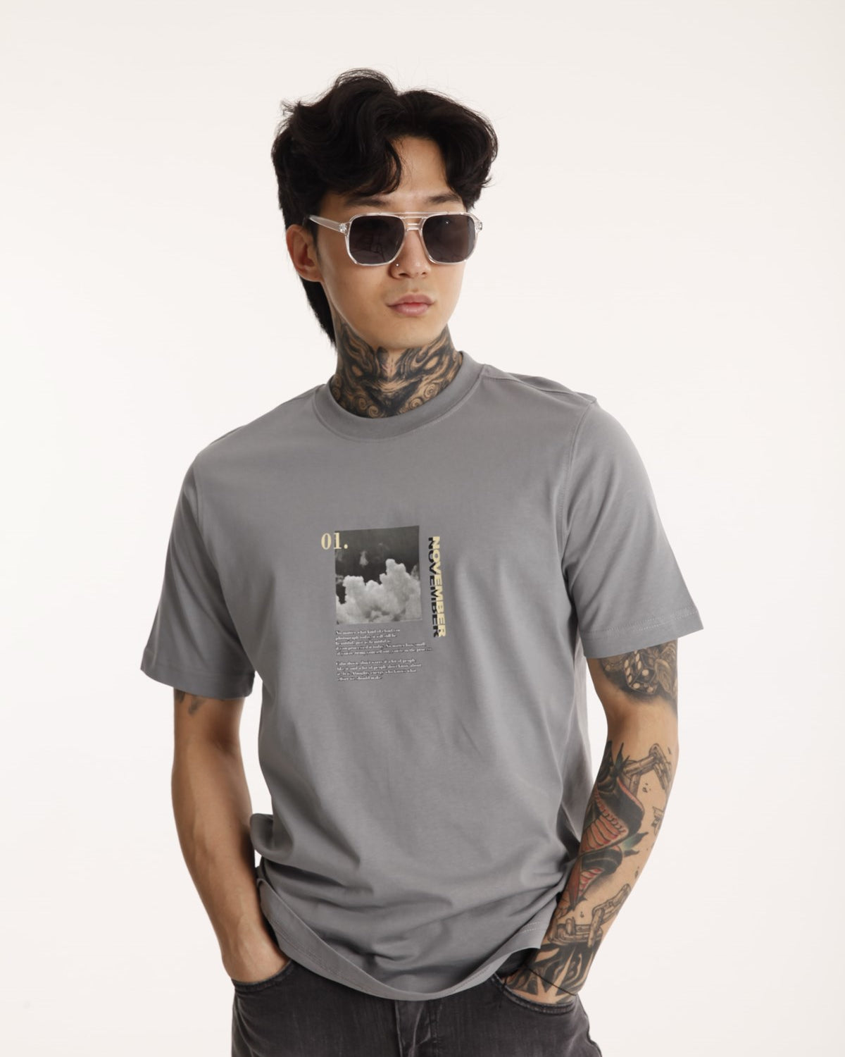 Oversize Bisiklet Yaka Erkek 2 İplik November Baskılı Pamuk T-shirt