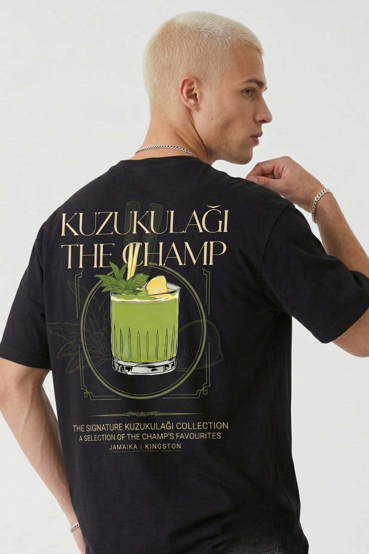 Unisex Oversize Tişört Kuzukulağı The Champ Baskılı Siyah – Bisiklet Yaka, Rahat Kalıp, %100 Pamuk