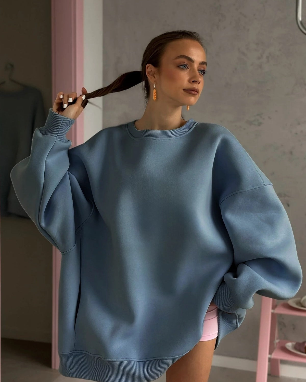 Kadın Oversize Sweatshirt Elbise Basic Marine – Bisiklet Yaka, 3 İplik Şardonlu Polar