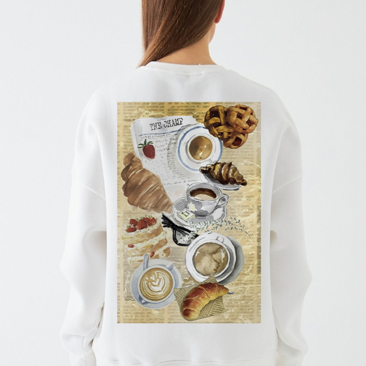 Kadın Oversize Sweatshirt Paris Coffee Journal Baskılı Beyaz – Bisiklet Yaka, 3 İplik Şardonlu Polar