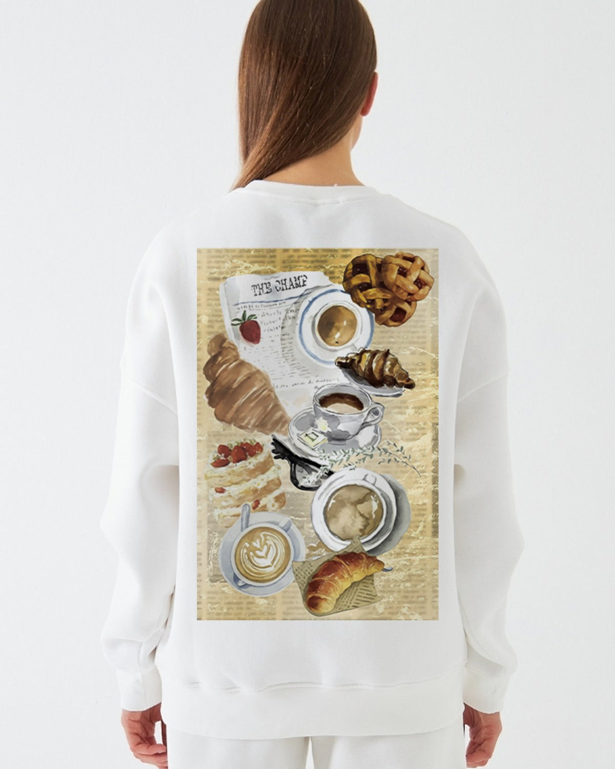 Kadın Oversize Sweatshirt Paris Coffee Journal Baskılı Beyaz – Bisiklet Yaka, 3 İplik Şardonlu Polar