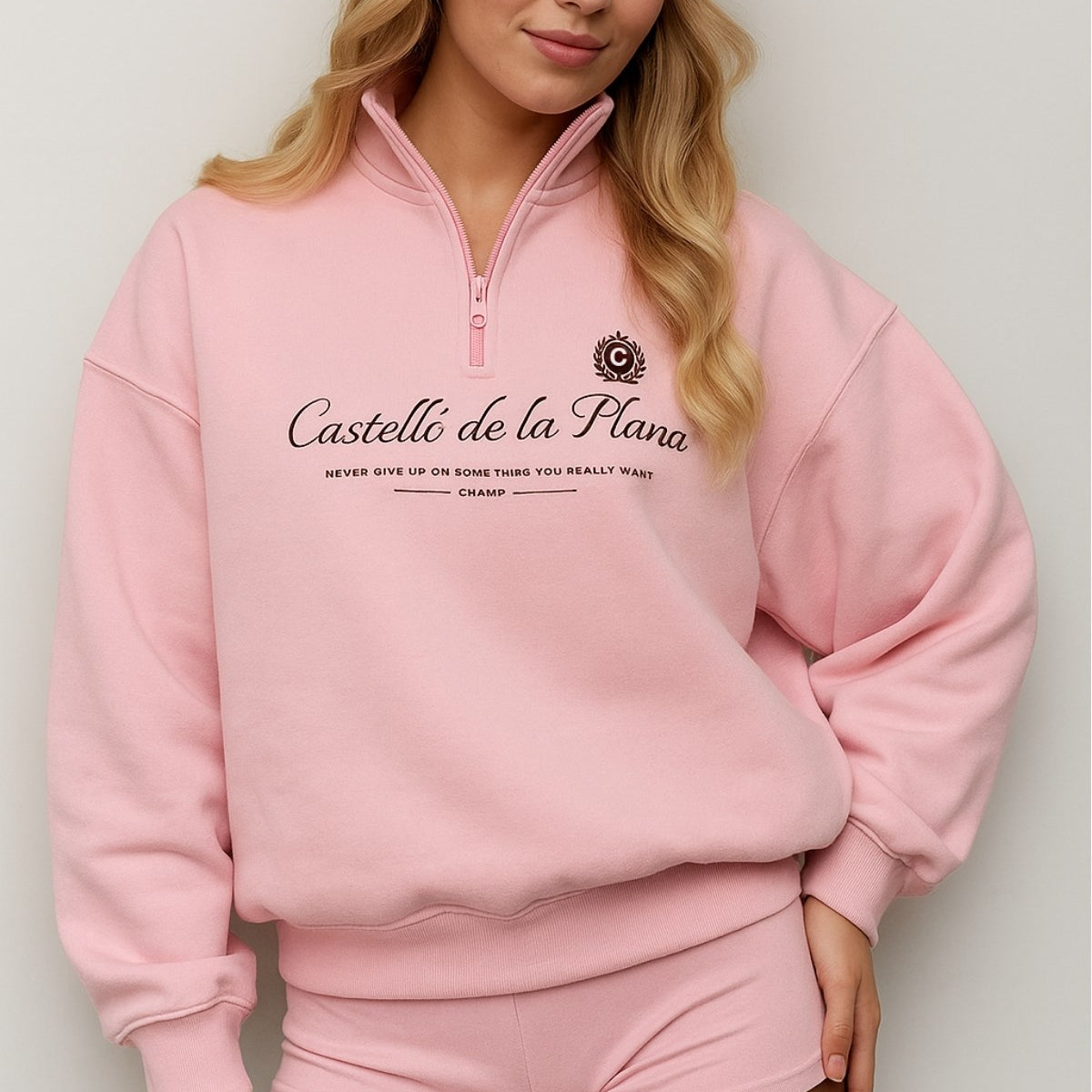 Kadın Pembe Castelló de la Plana Baskılı Fermuarlı Oversize Sweatshirt – Yarım Balıkçı Yaka, Rahat Günlük Spor Üst