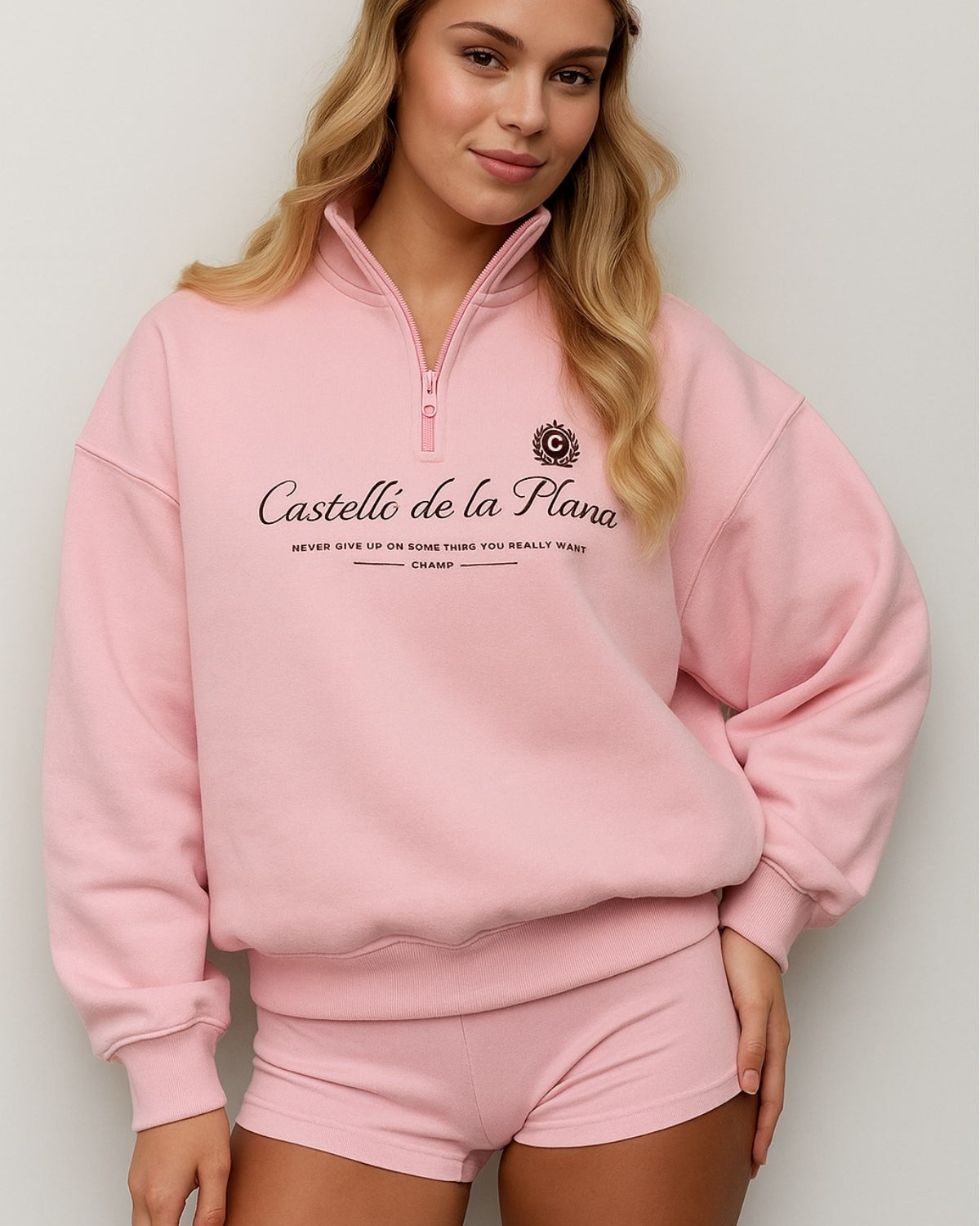 Kadın Pembe Castelló de la Plana Baskılı Fermuarlı Oversize Sweatshirt – Yarım Balıkçı Yaka, Rahat Günlük Spor Üst