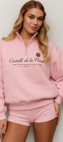 Kadın Pembe Castelló de la Plana Baskılı Fermuarlı Oversize Sweatshirt – Yarım Balıkçı Yaka, Rahat Günlük Spor Üst