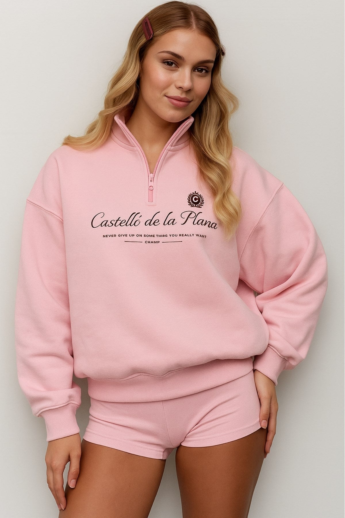 Kadın Pembe Castelló de la Plana Baskılı Fermuarlı Oversize Sweatshirt – Yarım Balıkçı Yaka, Rahat Günlük Spor Üst